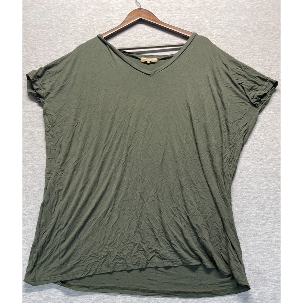 PIKO Green Earth Fashion V Neck T Shirt Womens Large Olive Green Dolman Sleeve